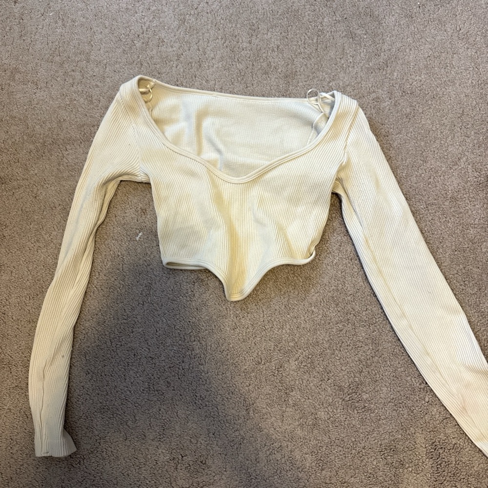 Zara Cream Ribbed Pointed-Hem Cropped Long-Sleeve Top